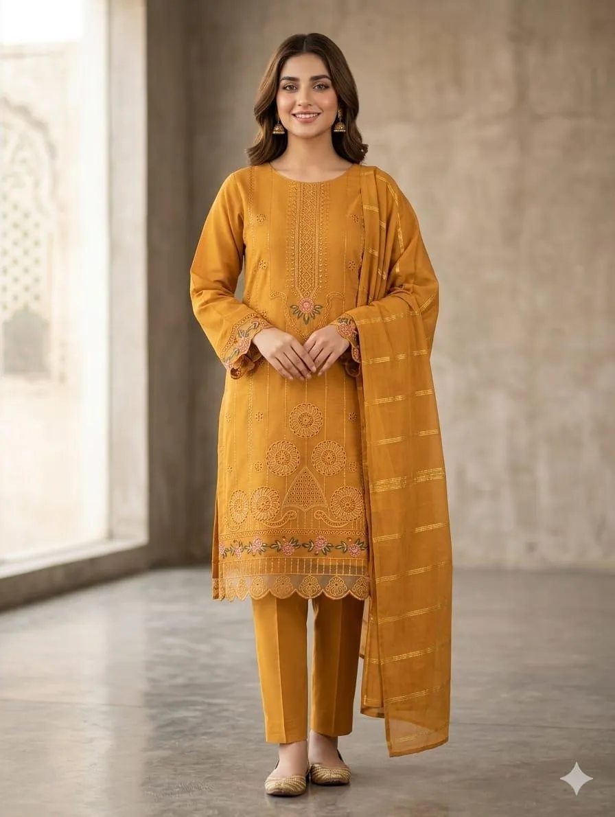 Mustard Embroidered 3Pcs Cotton Lawn Suit