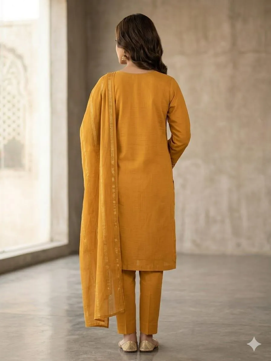 Mustard Embroidered 3Pcs Cotton Lawn Suit - Image 3