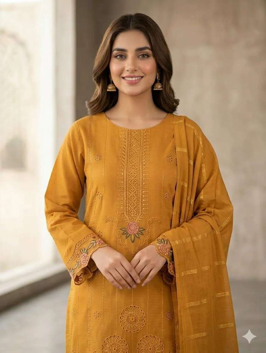 Mustard Embroidered 3Pcs Cotton Lawn Suit - Image 4