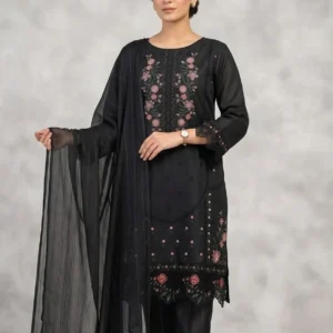 Black Embroidered 3-Piece Cotton Lawn Suit with Zari Dupatta