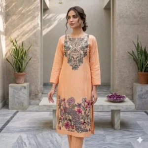 2 Pcs Women's Stitched Lawn Embroidered Shirt And Trouser