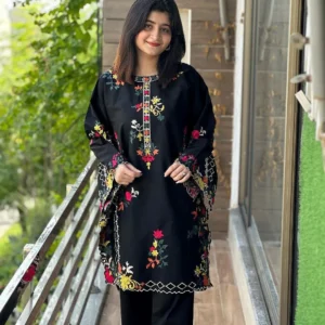 Black Embroidered Linen Kurta Set for Women