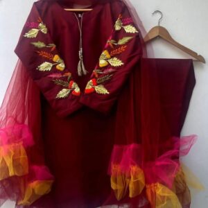 Women Katan Silk 3 Pcs Suit Set Embroidered