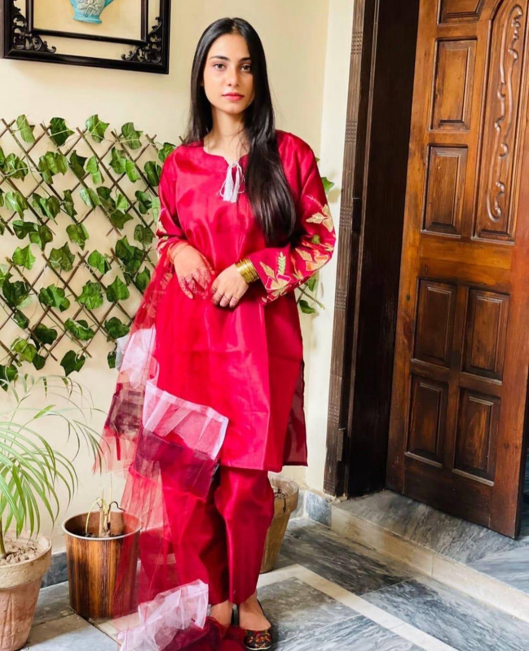 Women Katan Silk 3 Pcs Suit Set Embroidered - Image 3