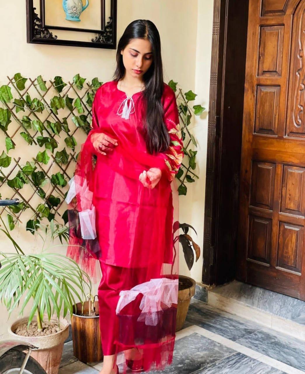 Women Katan Silk 3 Pcs Suit Set Embroidered - Image 4
