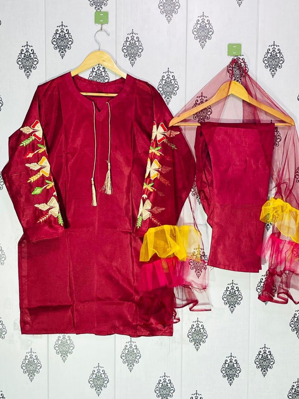 Women Katan Silk 3 Pcs Suit Set Embroidered - Image 5