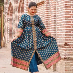 Silk Printed Frock & Trouser Set Blue Pakistani Wedding Festive